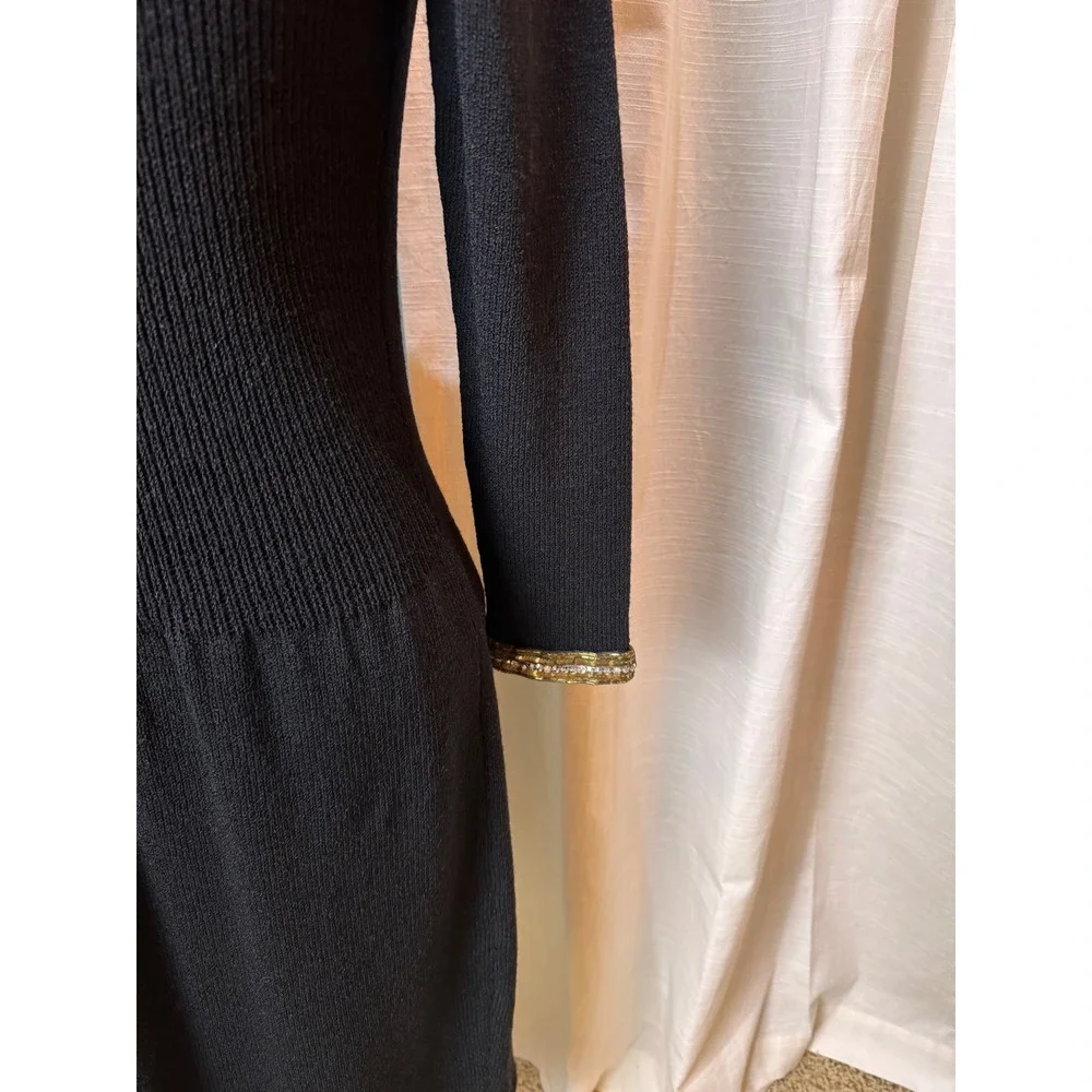 VTG‎ 80 DON SAYRES Black Knit Beaded Statement Neckline Long Sleeve Midi Dress 6